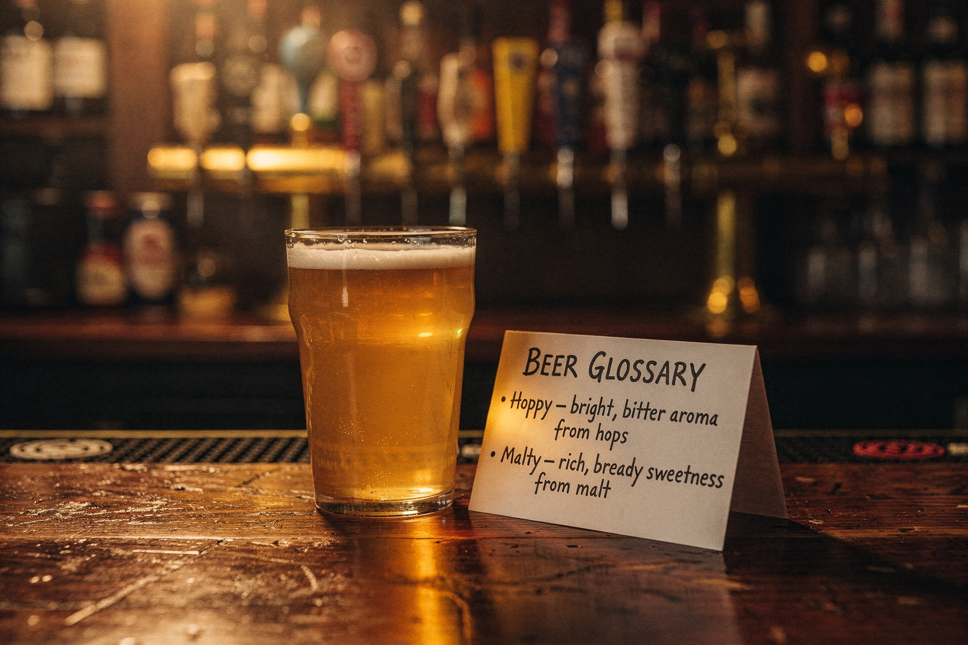 A golden pint of beer sits on a wooden bar beside a “Beer Glossary” card, with blurred bottles and taps creating a warm, cozy pub mood.