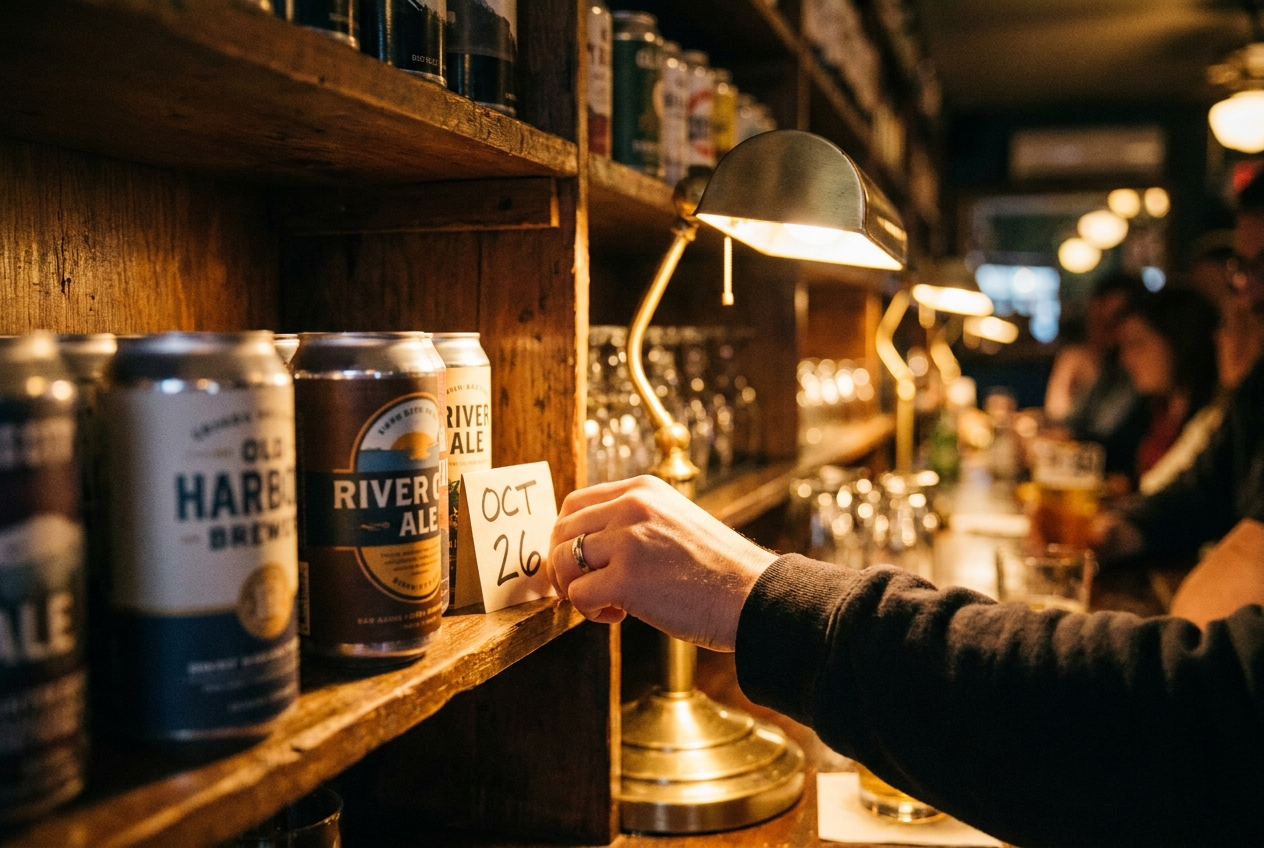 A hand checking calendar-style date card beside craft beer cans on a rustic wooden shelf, under a brass lamp in a cozy, warmly lit bar.