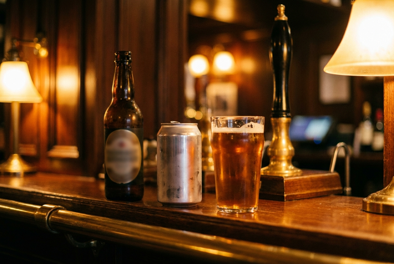 A beer bottle, silver can, and pint of amber ale sit on a polished wooden bar in a warmly lit pub, creating a cozy, inviting atmosphere.