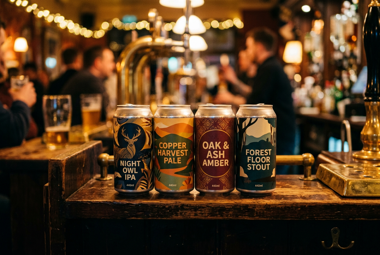 Four craft beer cans lined up on a weathered wooden bar counter inside a dimly lit pub, with a brass beer tap system in the background and patrons blurred out in the seating area.