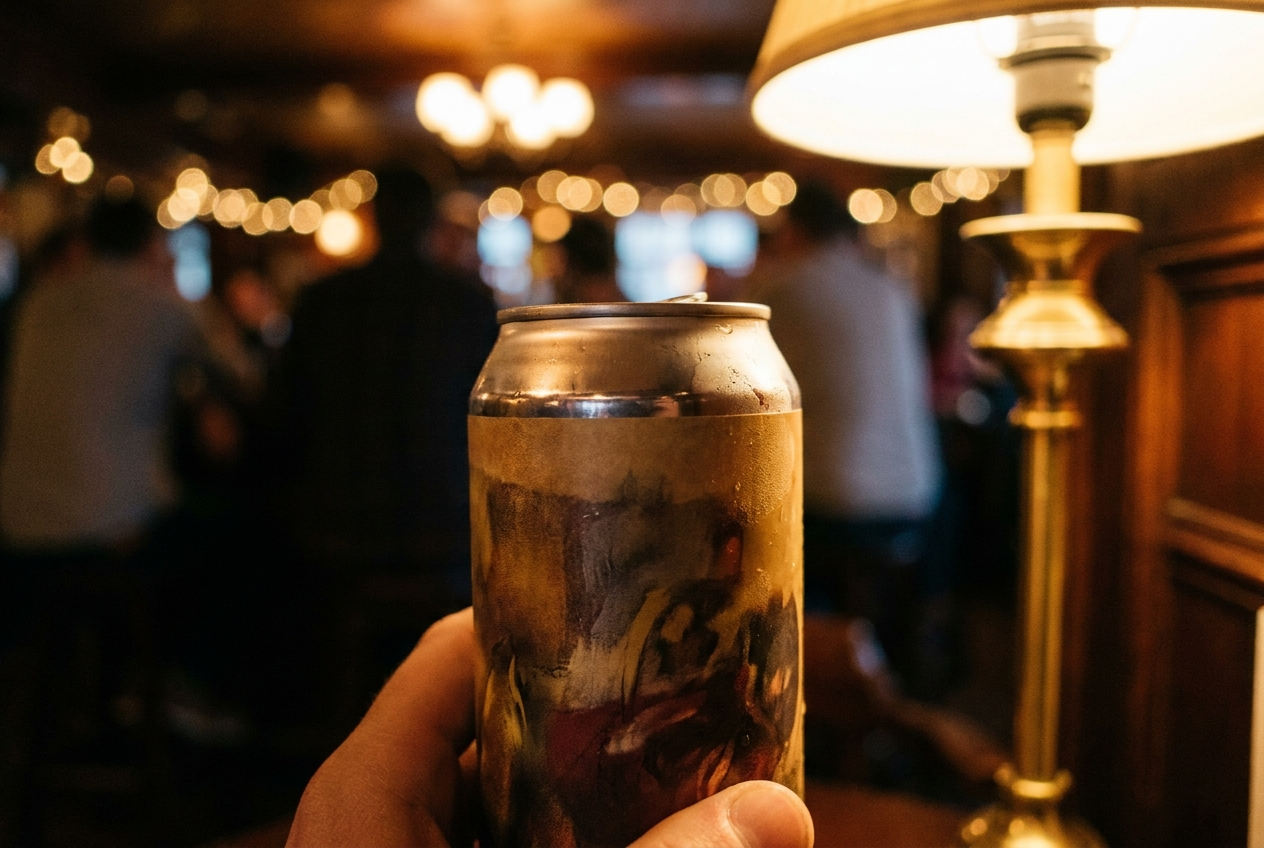 A hand holds a chilled glass of amber beer in a warmly lit, crowded pub, with golden string lights and a brass table lamp creating a cozy, convivial atmosphere.