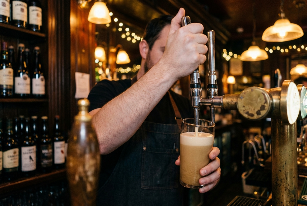 A bartender pulls a draft beer tap, filling a glass with amber ale in a warmly lit pub; blurred bottles and shelves create a cozy, relaxed atmosphere.