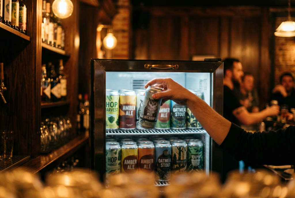 At a dimly lit bar, a bartender&rsquo;s hand selects a canned drink from a glass-front cooler, with shelves, warm pendant lights, and patrons behind.