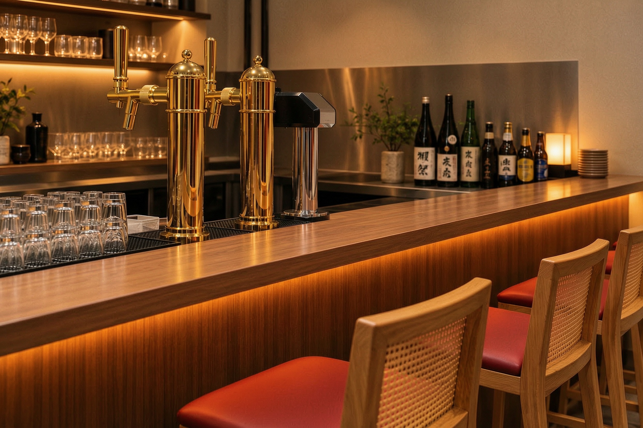 Brass beer taps and a sake and beer bottle shelf at Craft Beer by Ki-setsu