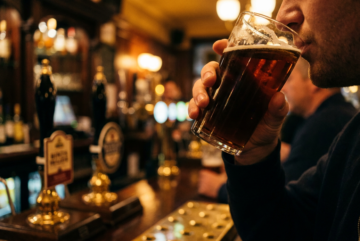 A man holds a pint of dark beer near his face in a warmly lit pub, with rows of taps and a softly blurred bar creating a cozy, relaxed mood.