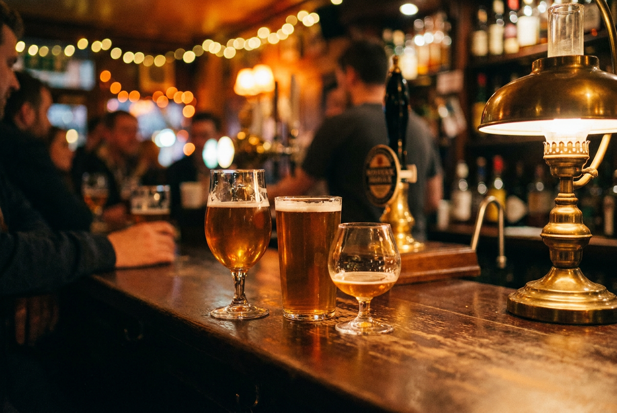 Three amber beer glasses sit on a polished pub counter beside a glowing brass lamp, with patrons and string lights creating a warm, welcoming atmosphere.