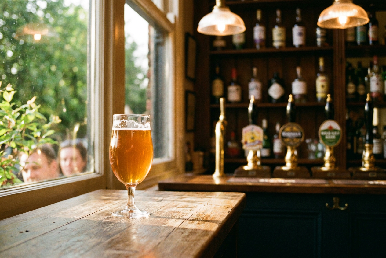 A golden beer in a stemmed glass sits on a sunlit wooden pub counter beside a window, with bottle shelves and warm pendant lights creating a relaxed, inviting atmosphere.