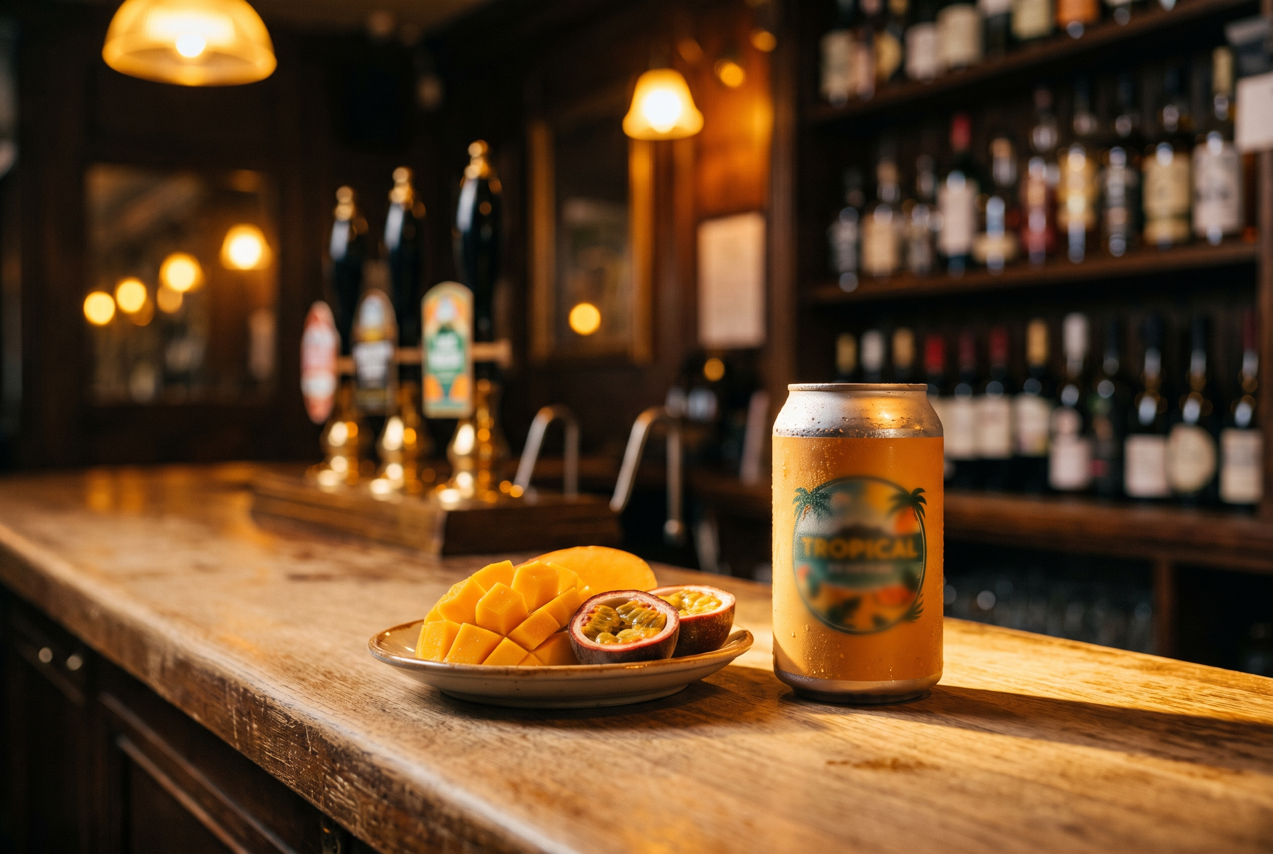 A chilled amber beer can and sliced mango with passion fruit sit on a rustic pub bar, backed by glowing lights and bottle shelves; warm, relaxed mood.