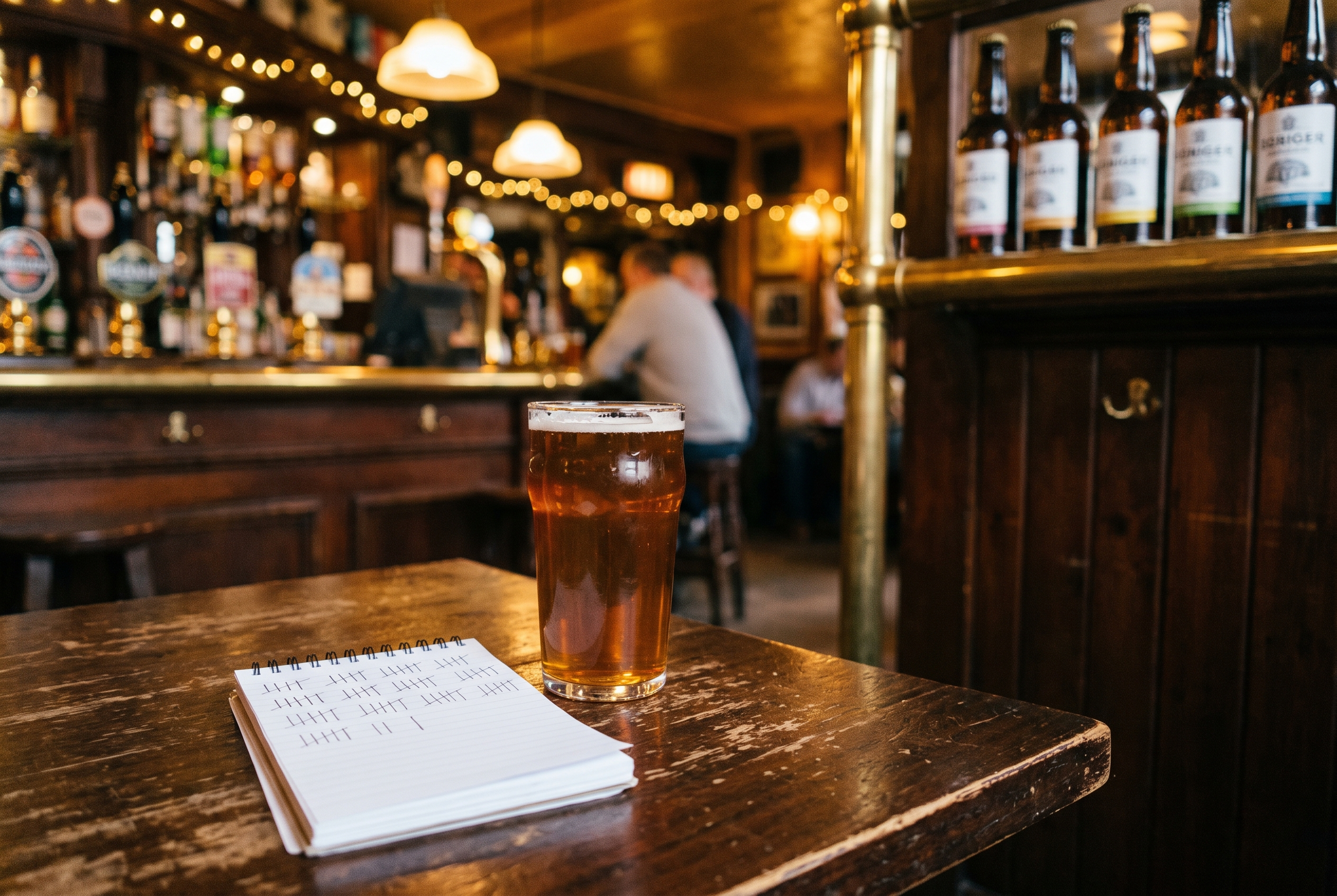 A half-full pint and open notebook sit on a wooden pub table, with beer taps and warm golden lights blurred behind them, creating a cozy, reflective mood.