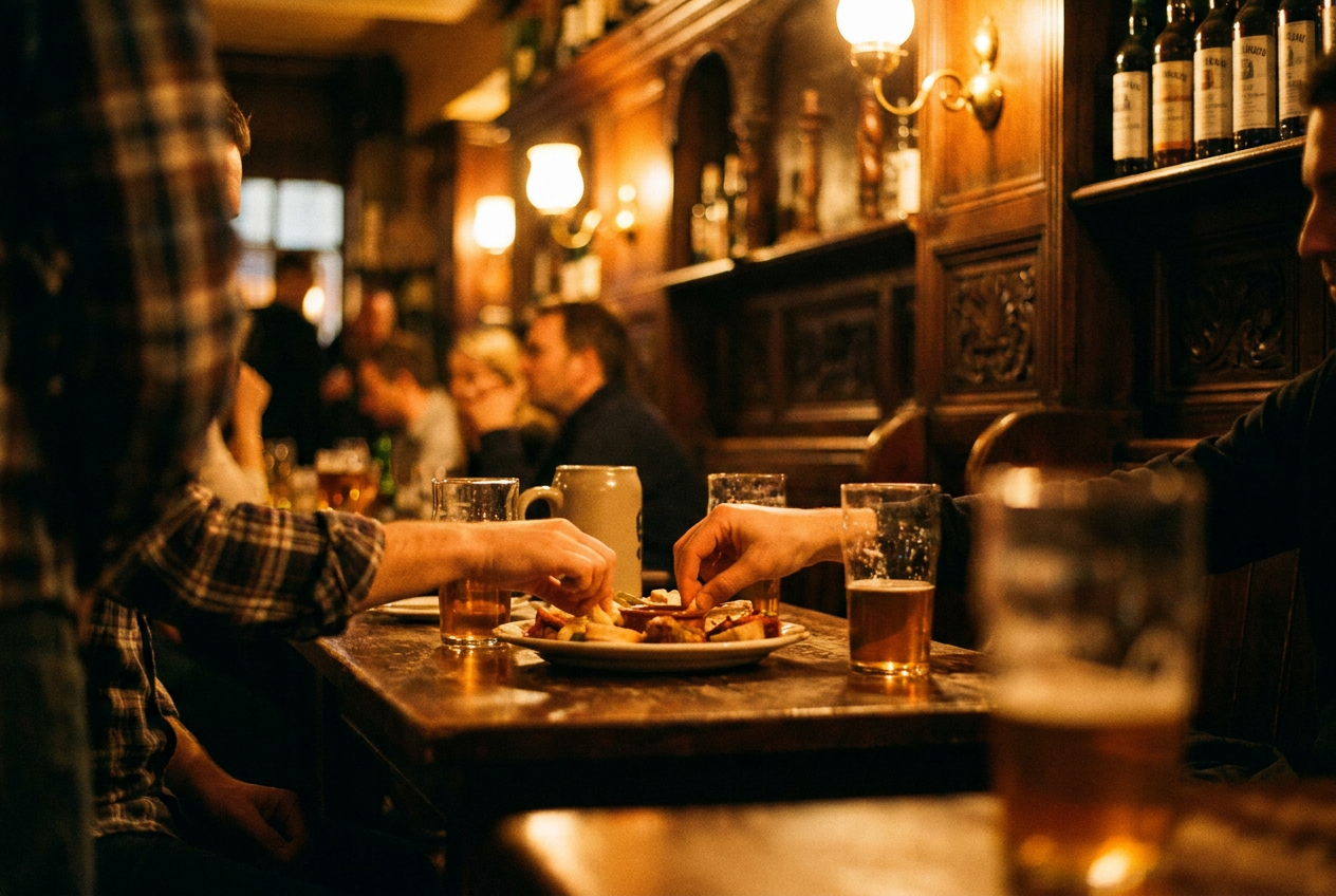 Warmly lit pub interior with friends sharing snacks and pints at a wooden table; amber lamps, dark carved wood, and lively conversation create a cozy, convivial mood.