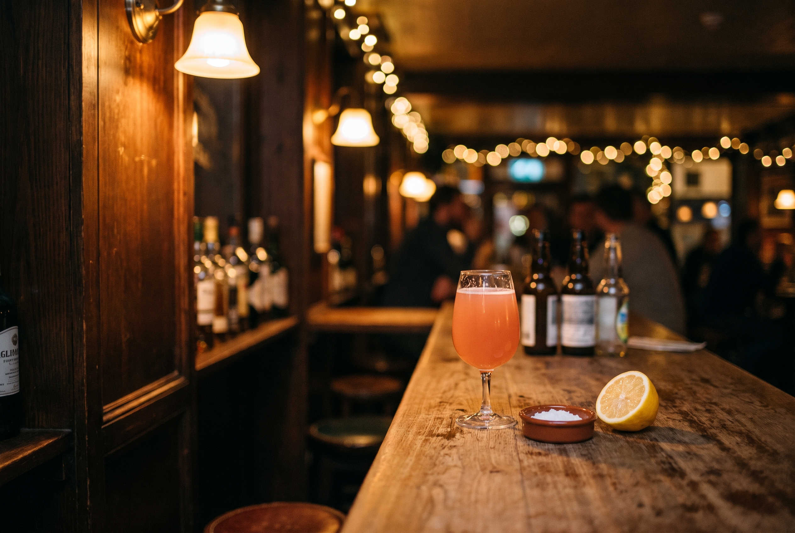 A pink cocktail, orange slice, and small bowl sit on a rustic bar, with bottles and warm string lights creating a cozy, intimate atmosphere.