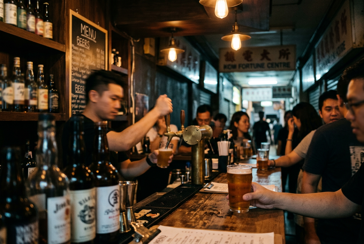 A lively, dimly lit bar is packed with patrons as a bartender pours a draft beer; warm pendant lights and crowded shelves create a convivial, bustling mood.