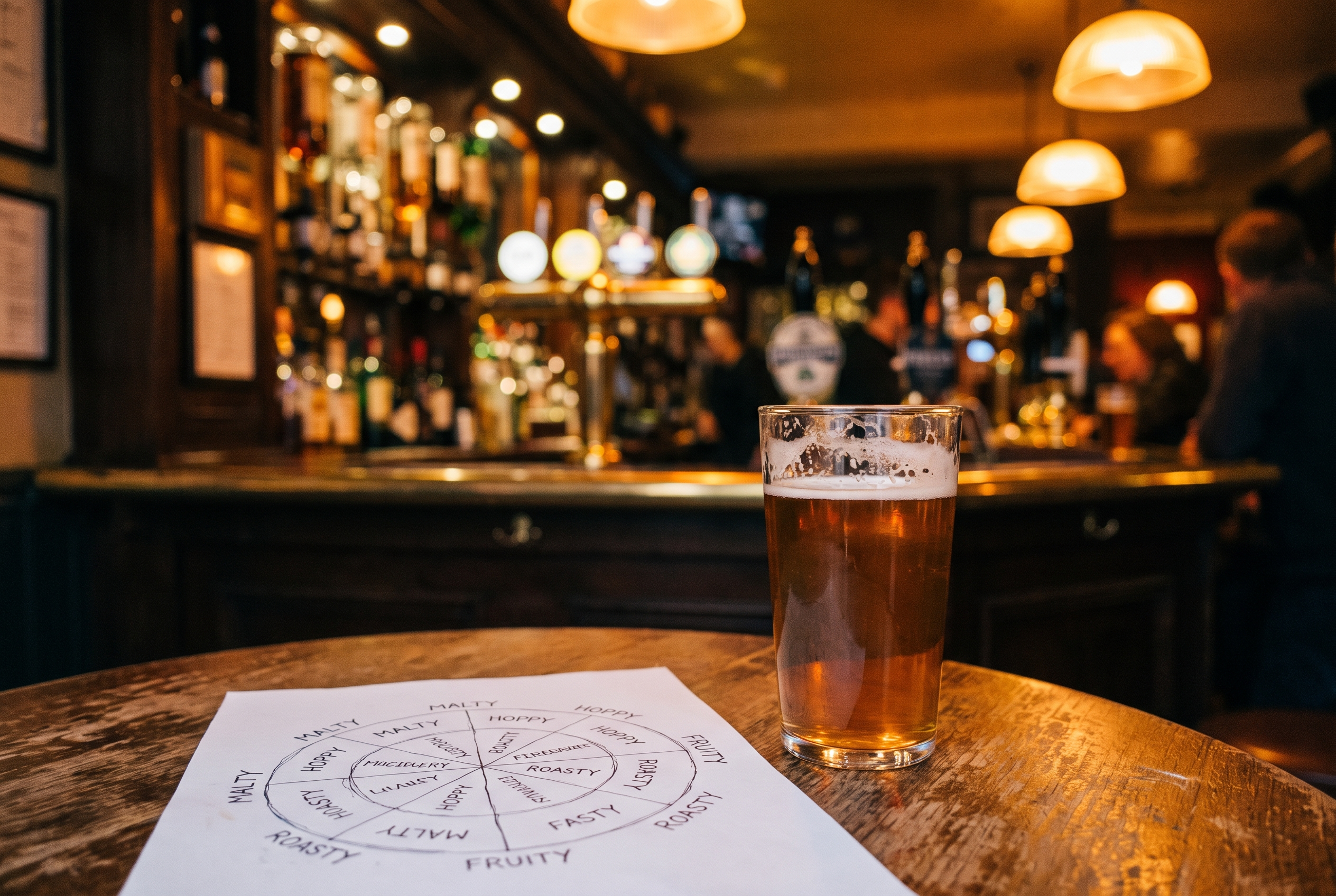 A pint of amber beer sits beside a tasting wheel on a wooden pub table, with a warmly lit, bustling bar blurred behind it, creating a cozy mood.