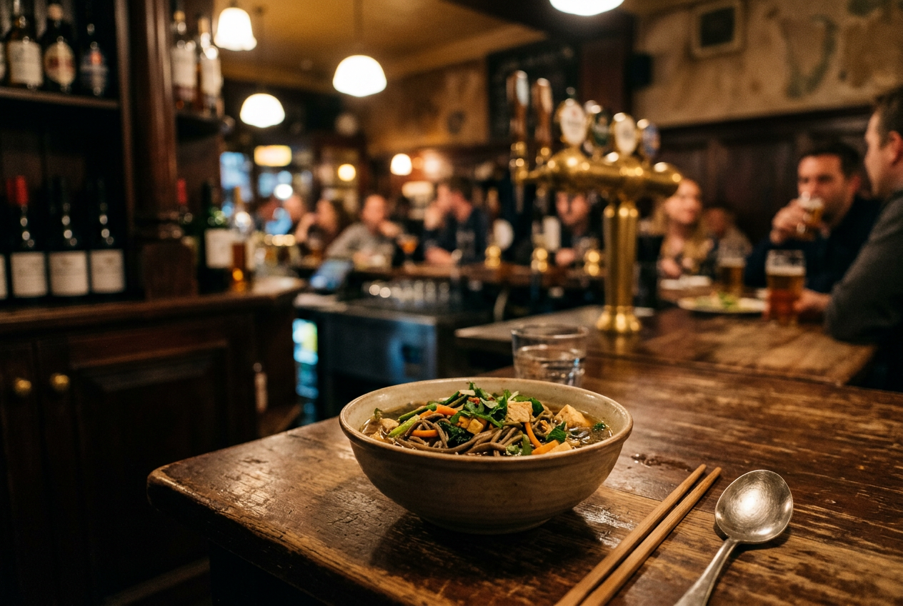 A bowl of vegetable-topped noodles sits on a rustic pub counter beside chopsticks and a spoon, with a warmly lit, lively bar crowd blurred behind.