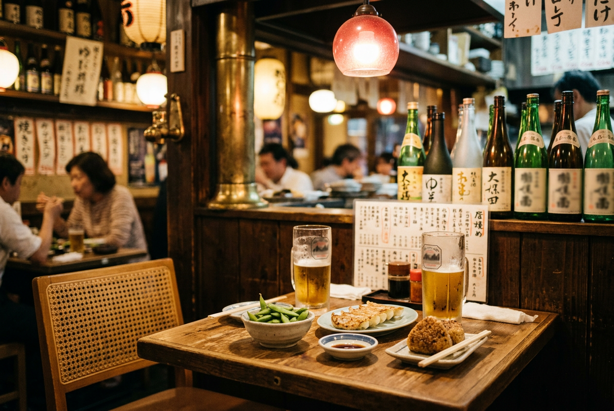 A table in a Japanese restaurant with beer, edamame, rice ball, and dumplings; sake bottles and menus in the background.