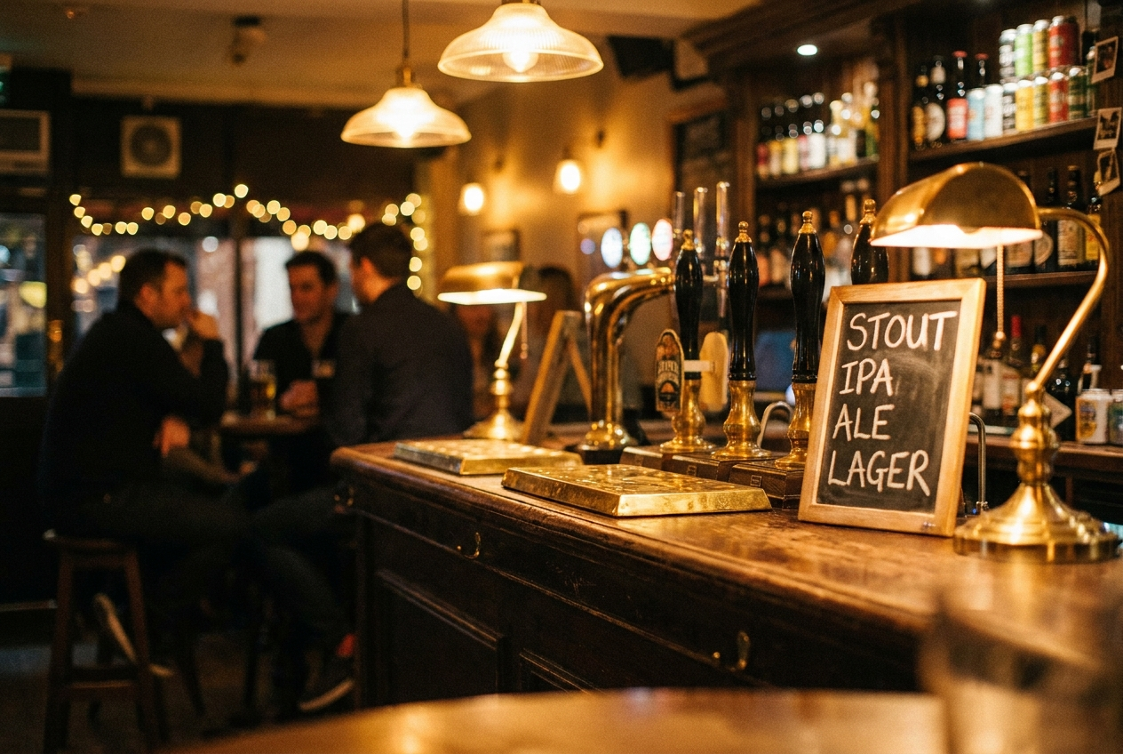 Warm, dimly lit pub with beer taps and a chalkboard listing stout, IPA, ale, and lager; patrons chat at a table, creating a cozy, lively mood.