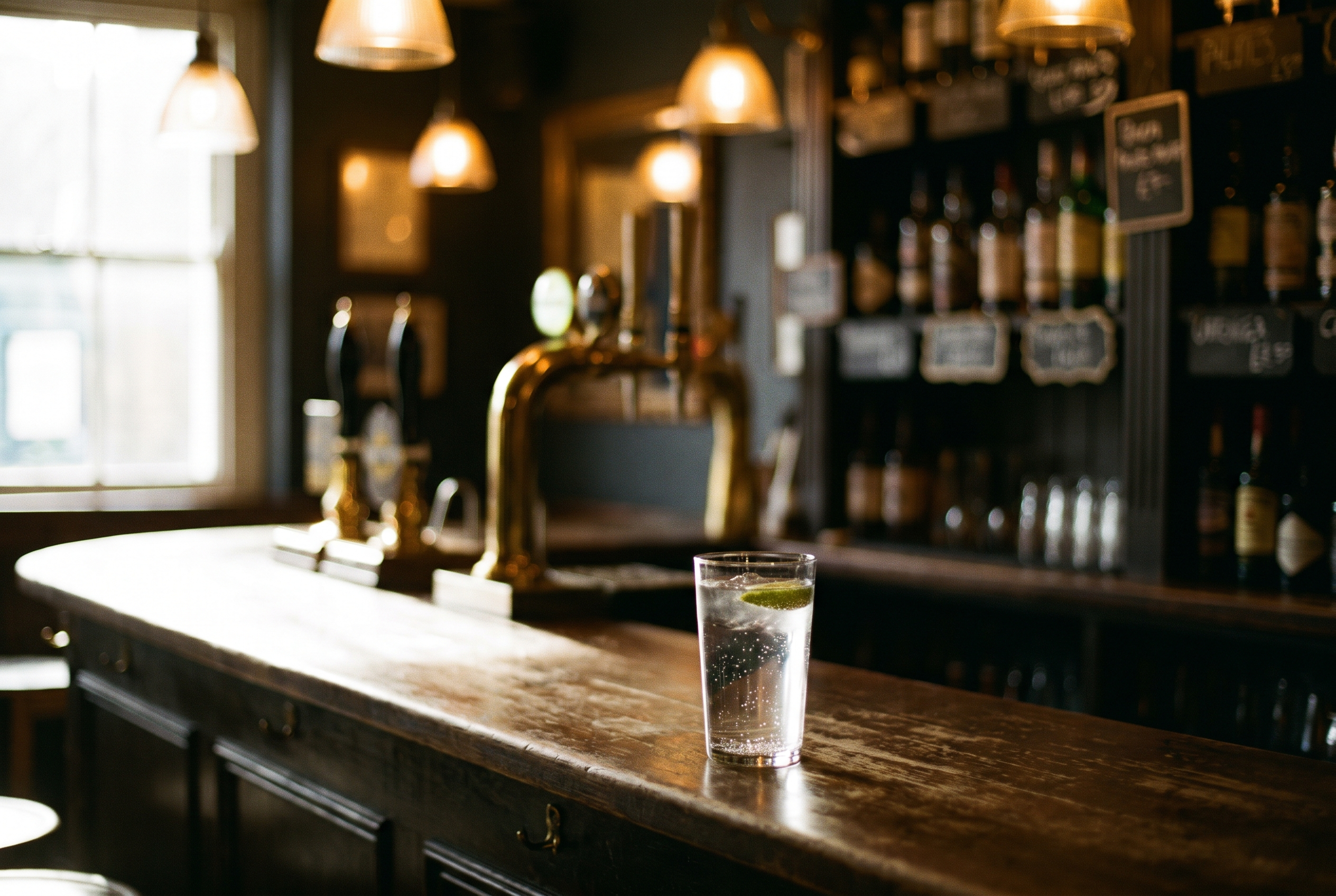 A quiet, warmly lit pub with a wooden bar, brass beer taps, and bottles on shelves; a tall glass with lime sits alone in the foreground.