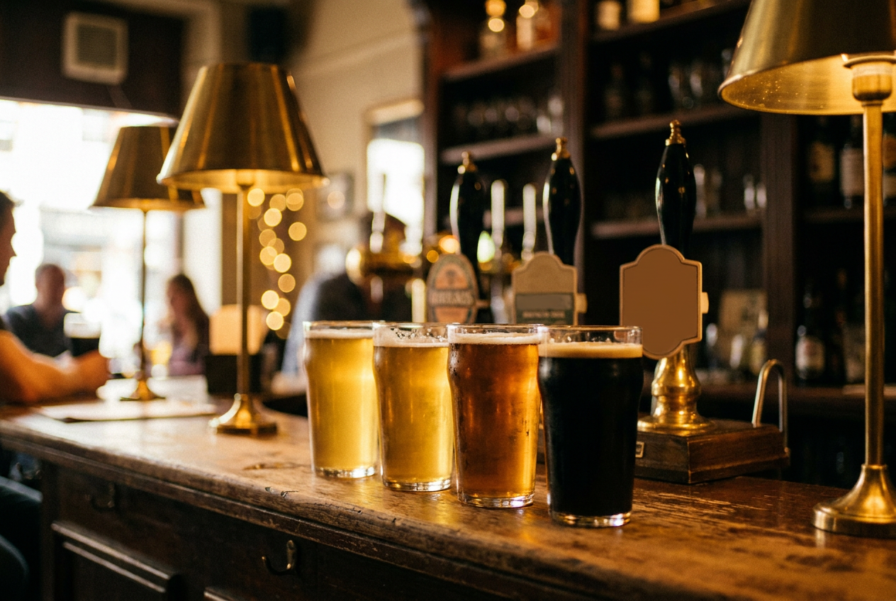Three pints of pale, amber, and dark beer line a polished pub bar beneath brass lamps, with taps and blurred patrons creating a cozy mood.