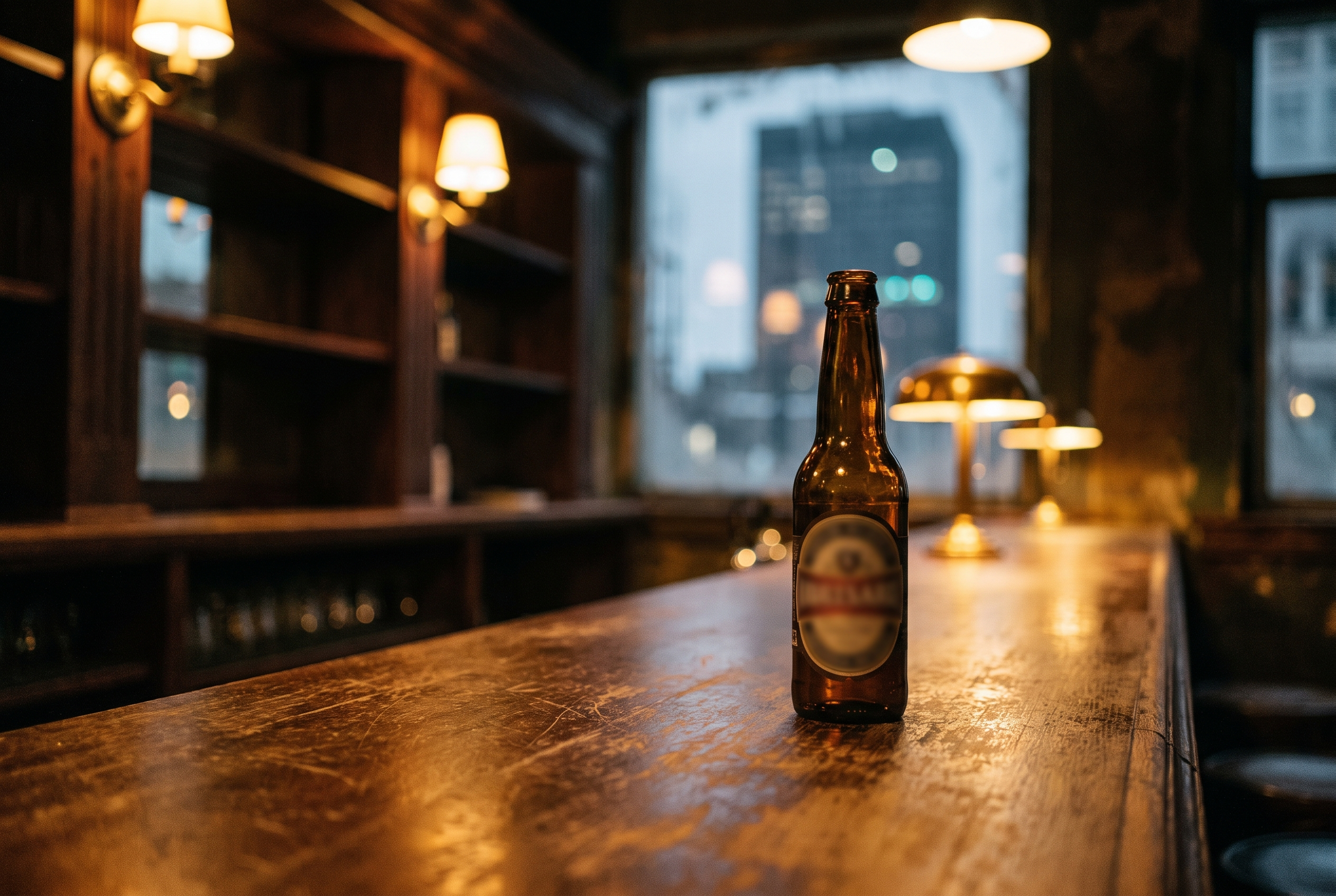 A lone brown beer bottle sits on a polished wooden bar in a warmly lit, quiet pub, with empty shelves and city buildings blurred beyond the windows.
