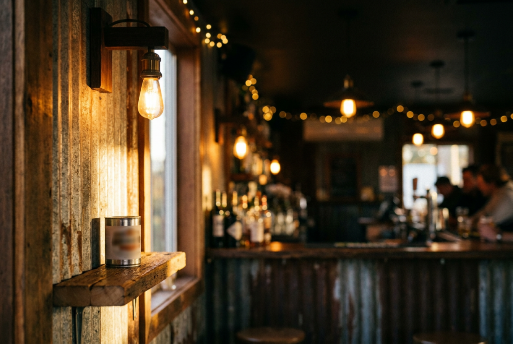 A glowing Edison bulb on a rustic wooden wall lights a small shelf, while a softly blurred bar counter and patrons create a cozy, intimate mood.