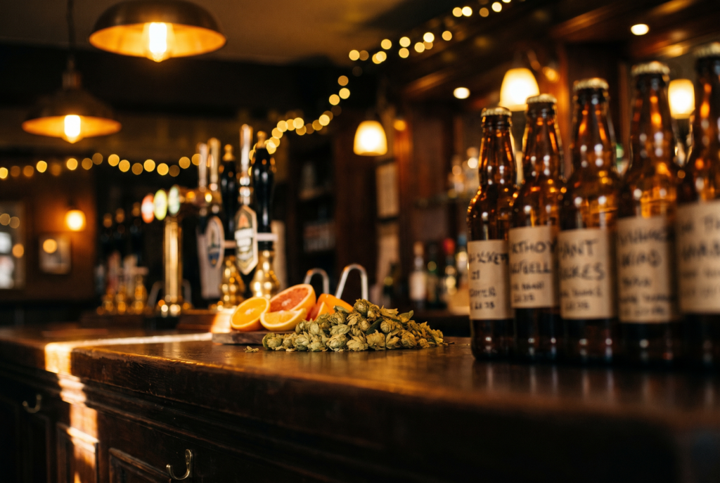 A cozy, warmly lit pub bar with amber beer bottles, hops, and sliced oranges on a polished counter beneath glowing string lights.