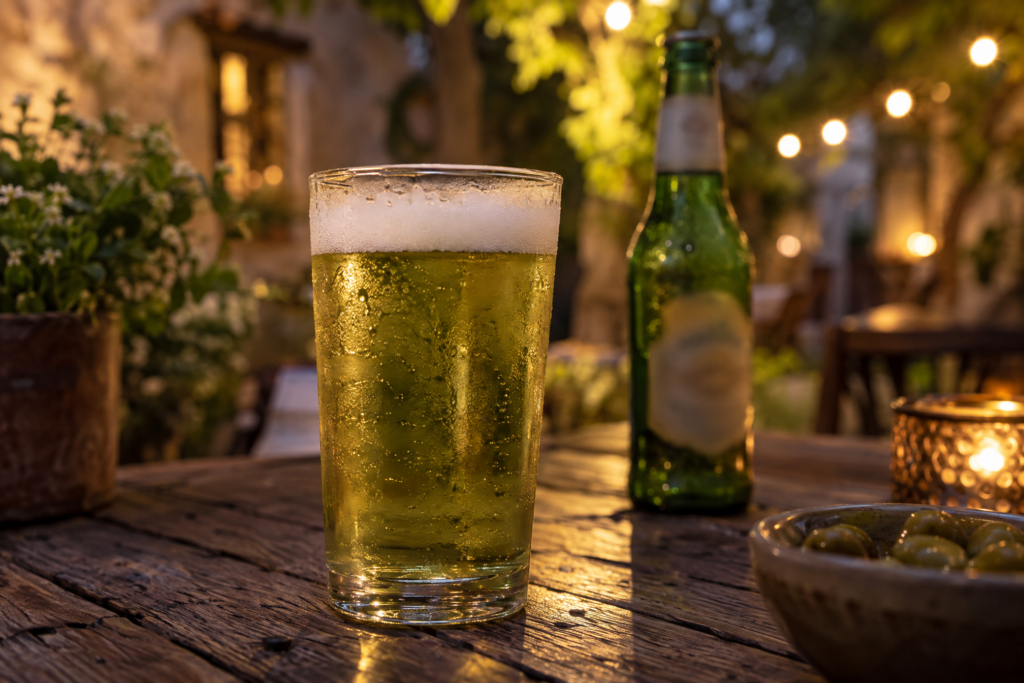 A chilled glass of golden beer sits on a rustic outdoor table beside a green bottle and bowl of olives, glowing in warm evening lights.