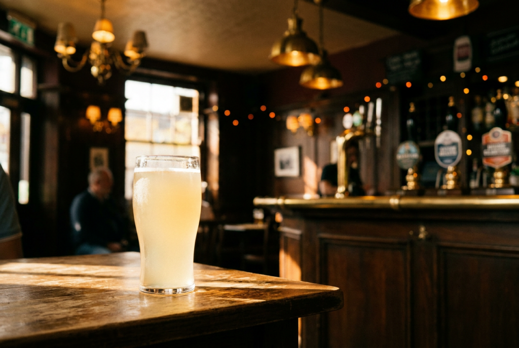 A white ale beer stands on a worn wooden pub table, with a softly blurred bar, hanging lights, and a seated patron creating a warm, cozy atmosphere.