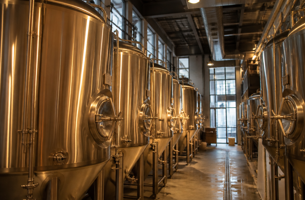 Rows of gleaming stainless-steel brewing tanks line a narrow industrial brewery corridor, lit by warm amber lights and daylight from windows, creating a calm, orderly atmosphere.