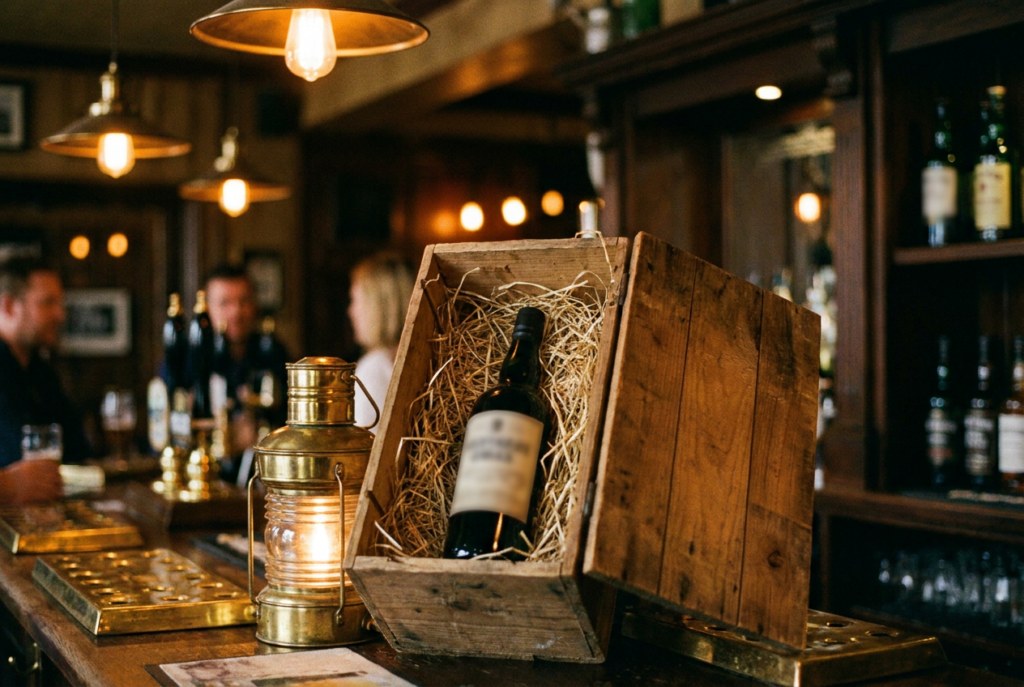 An open wooden crate holds a wine bottle nestled in straw on a warmly lit bar, with a glowing lantern and blurred patrons creating a cozy, rustic mood.