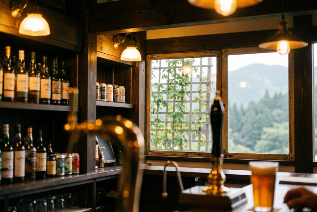 Warm, rustic bar with liquor bottles on dark wooden shelves, glowing pendant lights, and a beer glass by an open window overlooking green mountains.