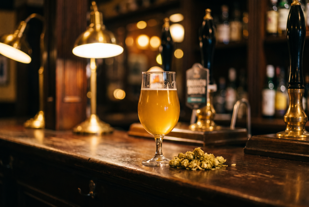 A golden beer in a stemmed glass sits on a polished wooden pub bar beside hops, surrounded by warm pendant lights and a cozy, inviting glow.