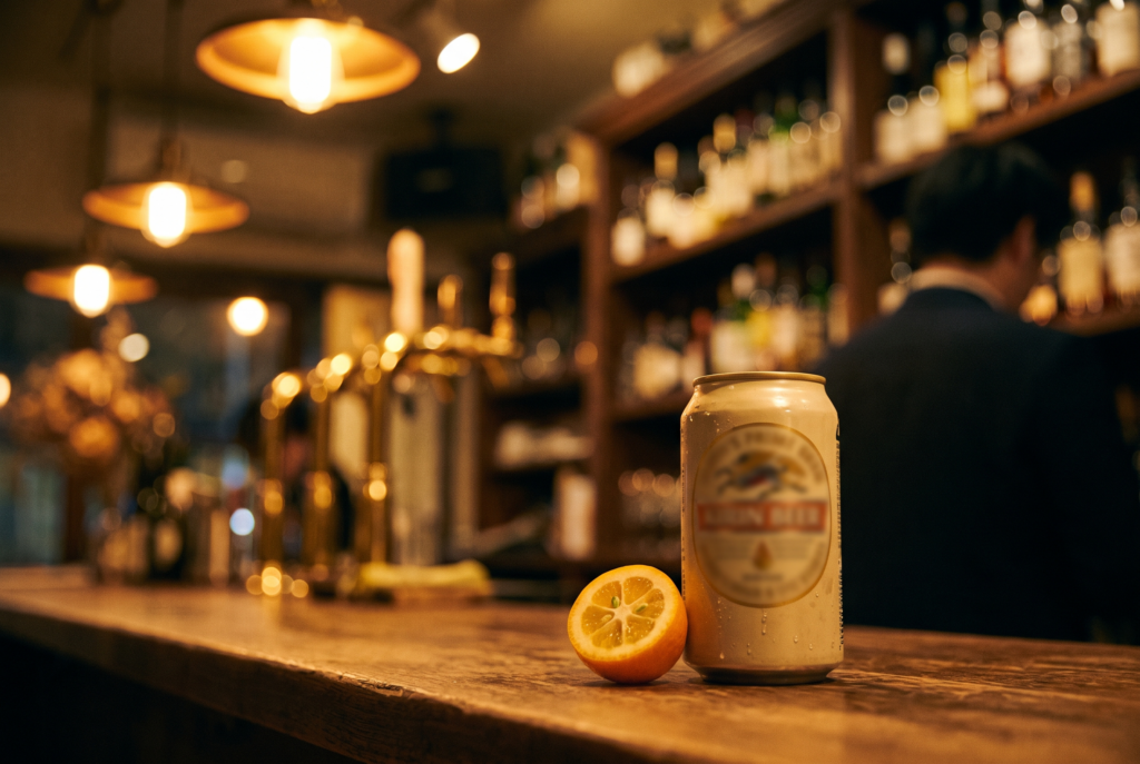 A pale beer can and fresh orange slice sit on a wooden bar; a bartender and bottle-lined shelves blur in warm, cozy amber light.
