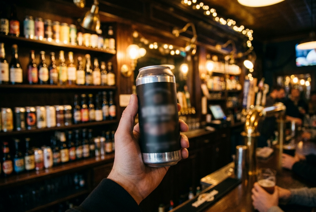 A hand holds a sleek black beer can in a warmly lit pub, with shelves of bottles and a busy bar creating a cozy, lively atmosphere.